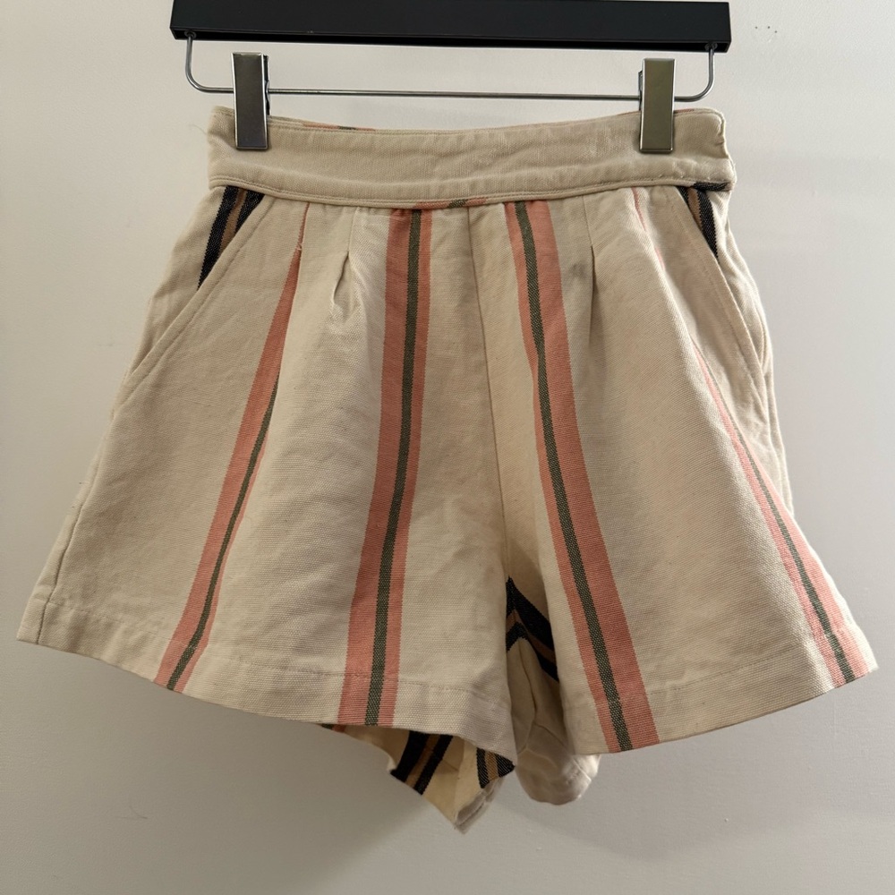Apiece Apart Maren Fan Shorts in light stripe with side zipper, pleats & pockets